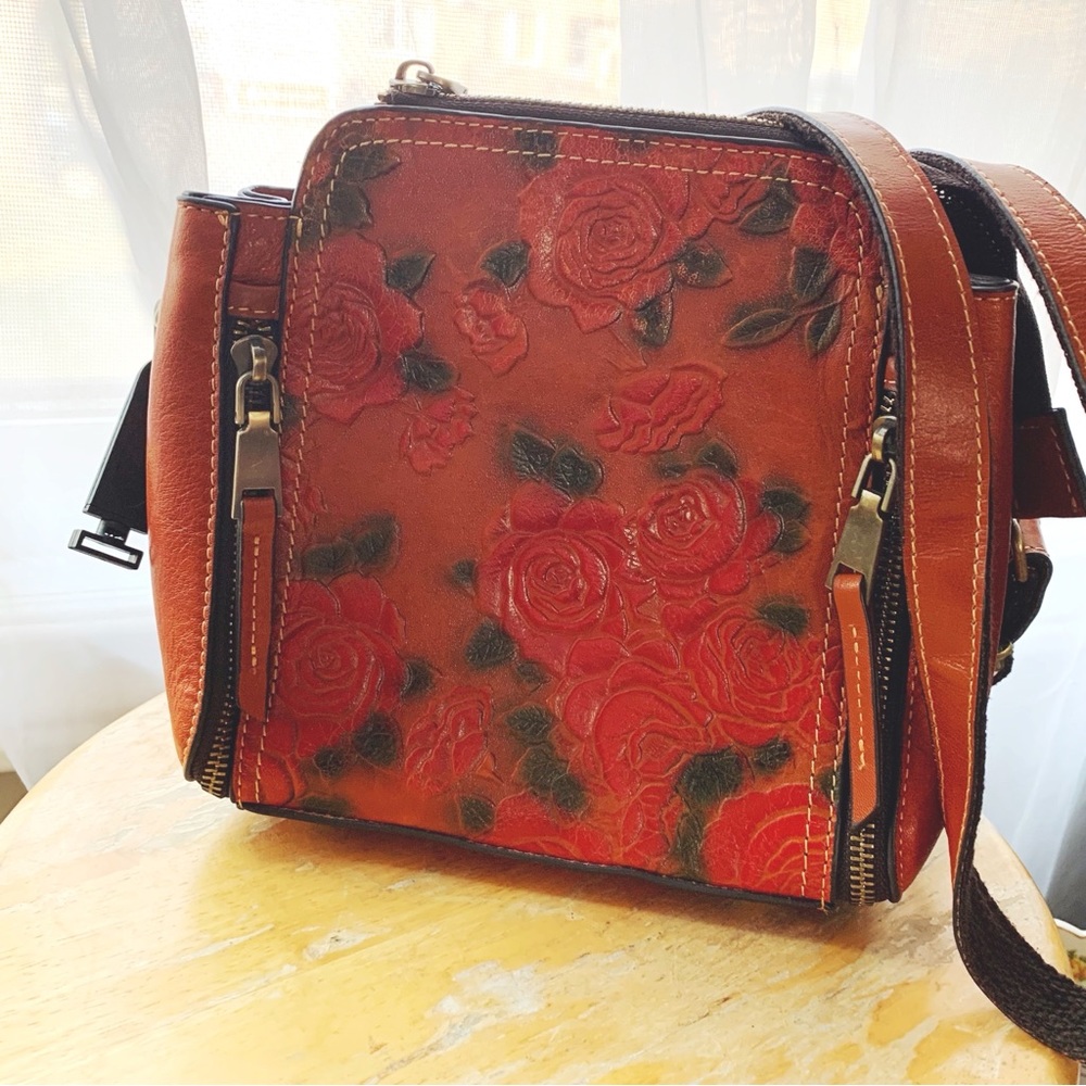 “Camile” Tooled painted leather bag- caramel with red roses